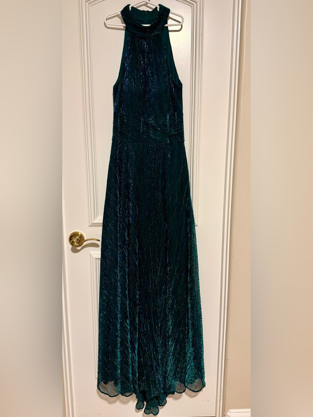 Betsy & Adam Teal Shimmer Halter Maxi Dress